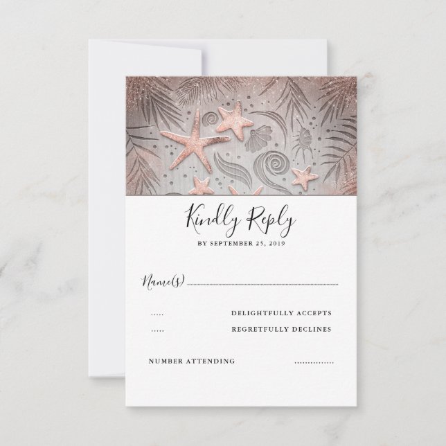 Rose Gold Starfish Beach Wedding RSVP Card (Front)