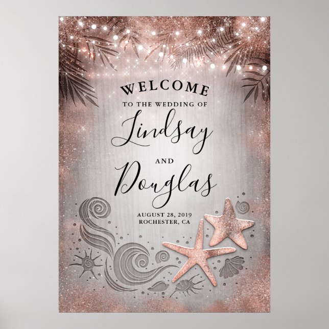 Rose Gold Starfish Beach Wedding Welcome Sign (Front)