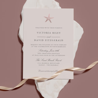 Rose Gold Starfish Elegant Ocean Beach wedding Invitation