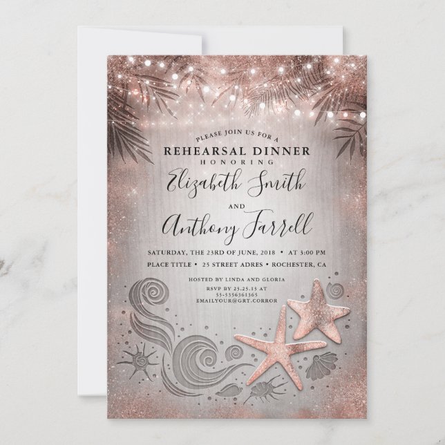 Rose Gold Starfish Tropical Beach Rehearsal Dinner Invitation (Front)