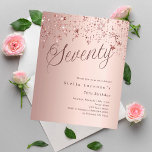 Rose gold stars budget 70th birthday invitation<br><div class="desc">A modern,  stylish invitation for a 70th birthday party.  Rose gold gradient background and the word Seventy written with elegant large script letters in dark rose gold. Decorated with rose gold coloured stars. Personalise and add a name and party details. 

1 sheet = 1 invitation printed edge to edge.</div>