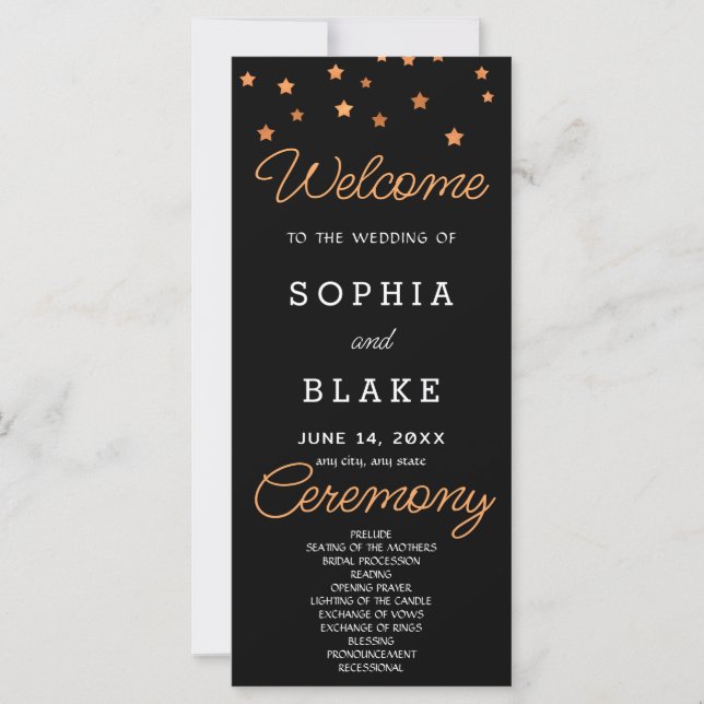 Rose Gold Stars Celestial Black Wedding Program (Front)