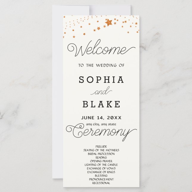 Rose Gold Stars Celestial White Wedding Program (Front)