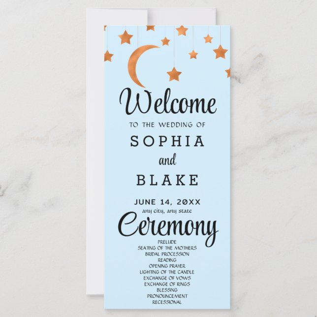 Rose Gold Stars Crescent Moon Blue Wedding Program (Front)