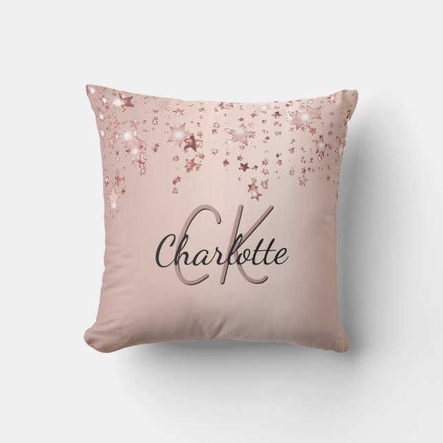 Rose gold stars monogram name  cushion (Front)