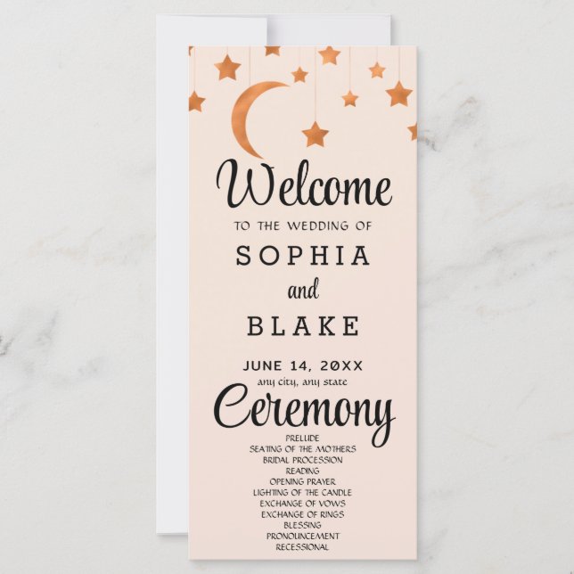 Rose Gold Stars Moon Cream Wedding Program (Front)