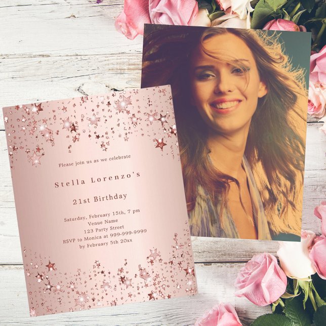 Rose gold stars photo budget birthday invitation (Creator Uploaded)
