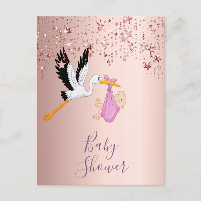 Rose gold stars stork baby shower invitation postcard (Front)