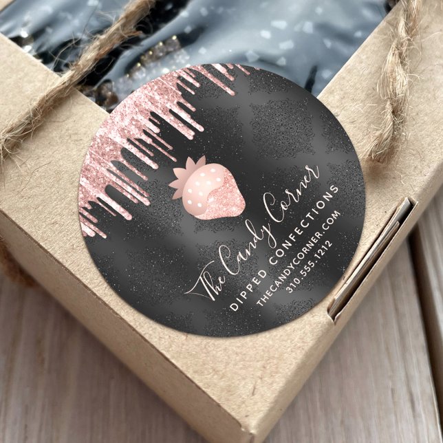 Rose Gold Strawberry Glitter Drip Confection Black Classic Round Sticker (Creator Uploaded)