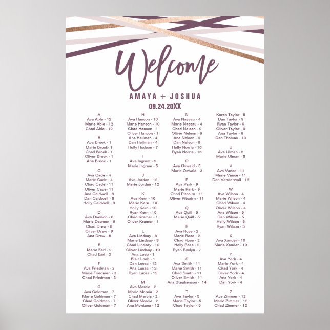 Rose Gold Streamers Alphabetical Seating Chart (Front)