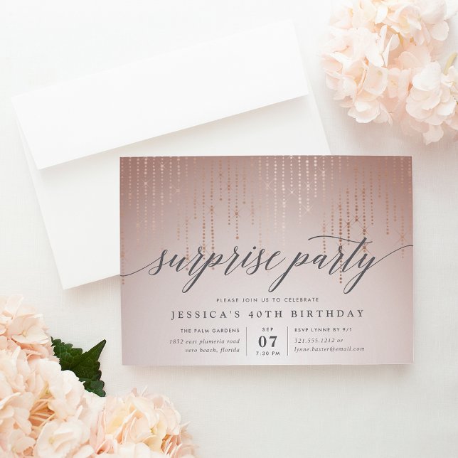 Rose Gold String Lights Surprise Party Invitation (Creator Uploaded)