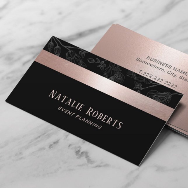 Rose Gold Stripe Dark Grey Floral Event Planning Business Card (Creator Uploaded)