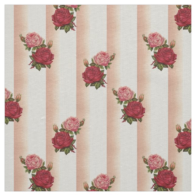 Rose Gold Stripes Chic Roses Floral Linen Fabric (Swatch)