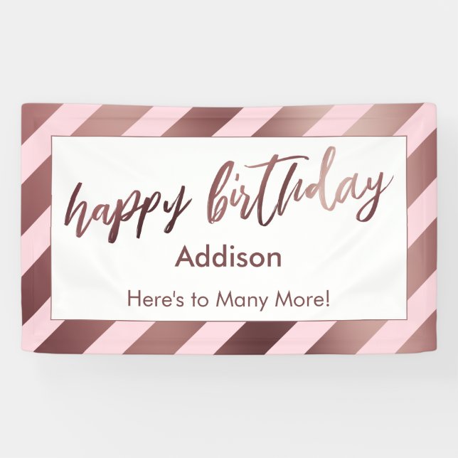 Rose Gold Stripes on Pastel Pink Happy Birthday Banner (Horizontal)