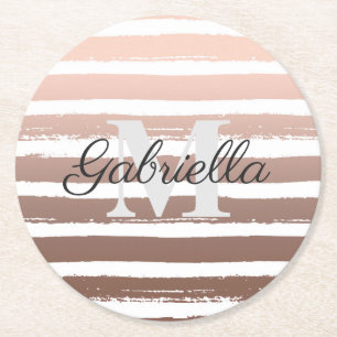 Rose Gold Stripes with Monogram Round Paper Coaster