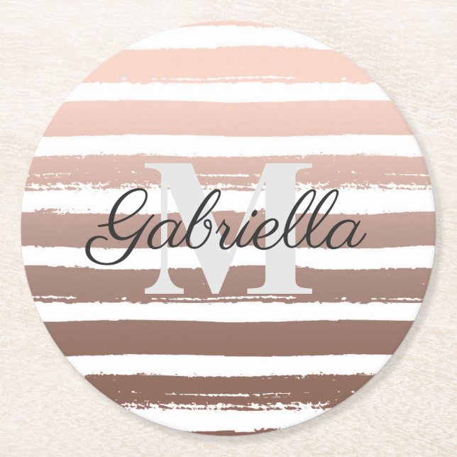 Rose Gold Stripes with Monogram Round Paper Coaster (Front)