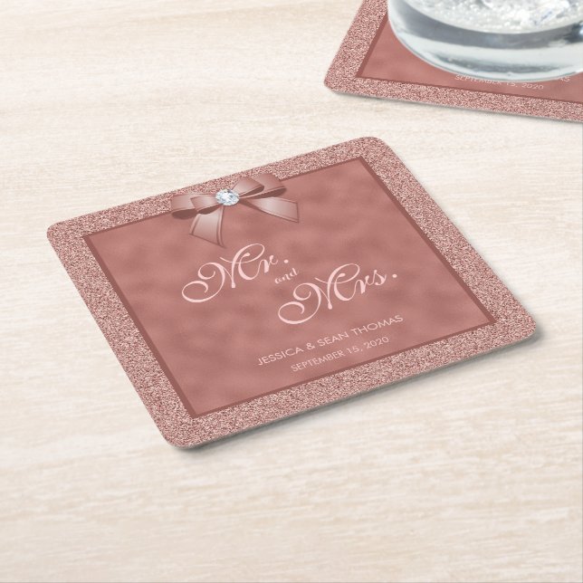  Rose Gold & Stylish Glitter Wedding Square Paper Coaster (Angled)