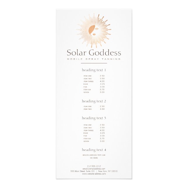 Rose Gold Sun Goddess Girl Spray Tanning Salon Rack Card (Front)