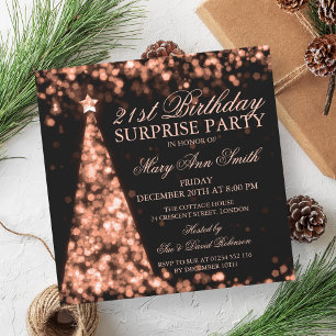 Rose Gold Surprise 21st Birthday Christmas Lights Invitation