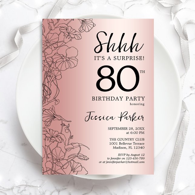 Rose Gold Surprise 80th Birthday Invitation (Creator Uploaded)