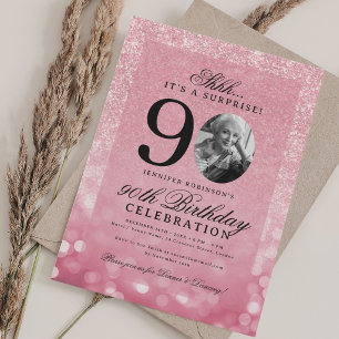 Rose Gold SURPRISE Photo Glam 90th Birthday Invitation
