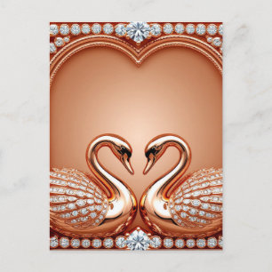 Rose Gold Swans Diamond Heart Ornate Romantic Love Postcard