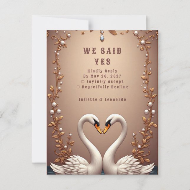 💍 Rose Gold swans Spring Wedding Decor 🌸 RSVP Card (Front)