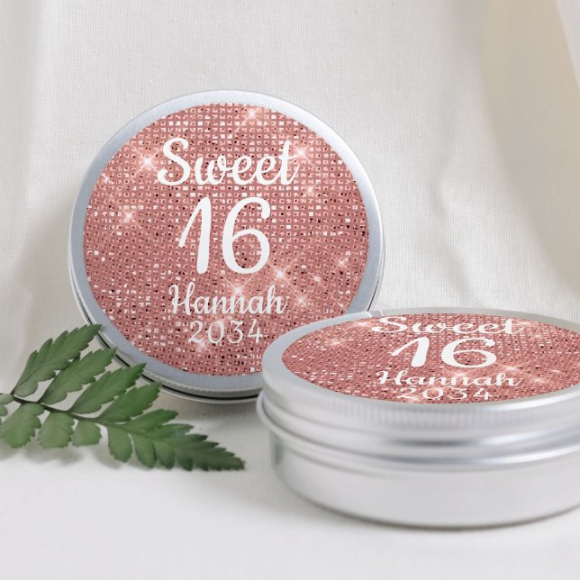 Rose Gold Sweet 16 Girl Birthday Favours Tin Box Classic Round Sticker (Rose Gold Sweet 16 Girl Birthday Favors Tin Box Classic Round Sticker
)