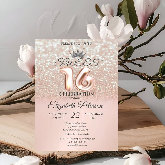 Rose Gold Sweet 16 Glitter Bokeh Ombre, Tiara Invitation (Creator Uploaded)