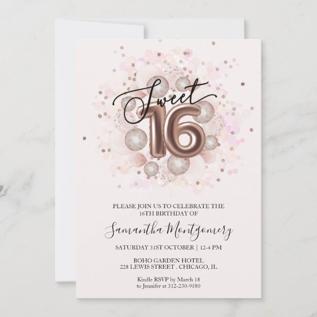 Rose Gold Sweet 16 Pink Watercolor Girly Balloons Invitation (Front)