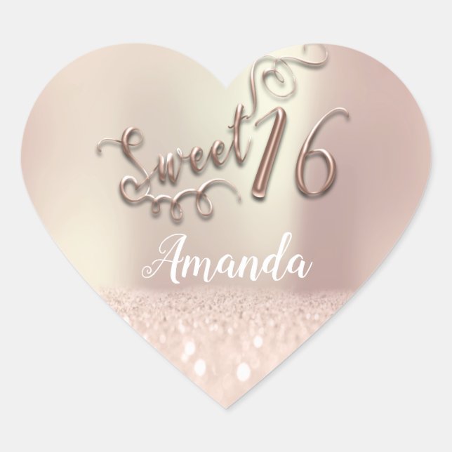 Rose Gold Sweet 16th Princess Heart Name Spark Heart Sticker (Front)