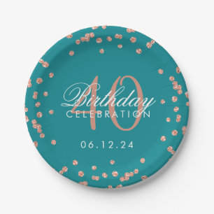 Rose Gold Teal 40th Birthday Glitter Confetti Paper Plate