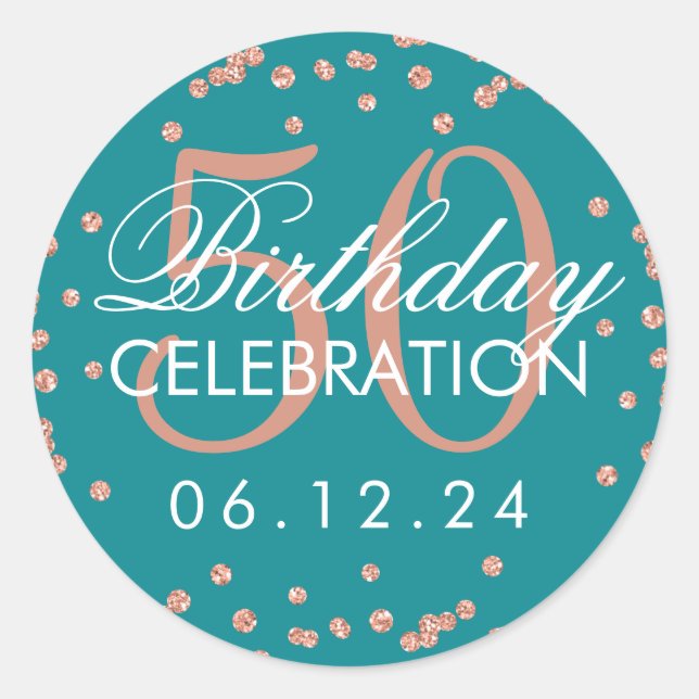 Rose Gold Teal 50th Birthday Glitter Confetti Classic Round Sticker (Front)