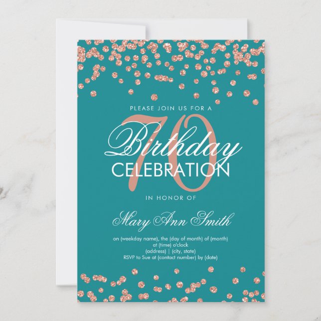Rose Gold Teal 70th Birthday Glitter Confetti Invitation (Front)