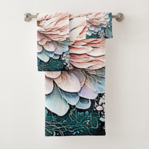 Rose Gold Teal Bloom Art Bath Towel Set