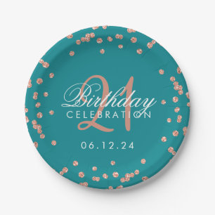 Rose Gold Teal Glitter Confetti 21st Birthday Paper Plate