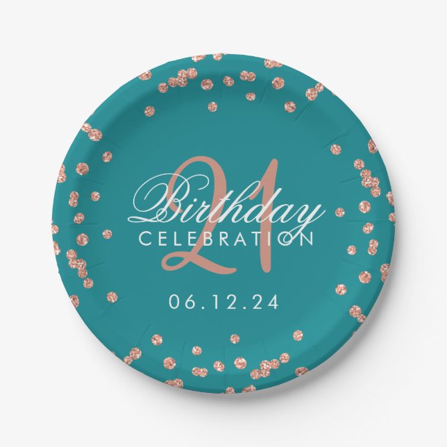 Rose Gold Teal Glitter Confetti 21st Birthday Paper Plate (Front)