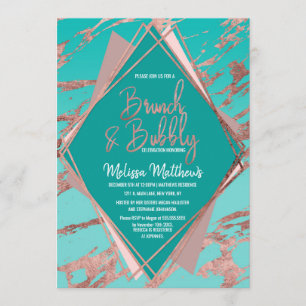 Rose Gold Teal Green Marble Brunch Bubbly Invitation