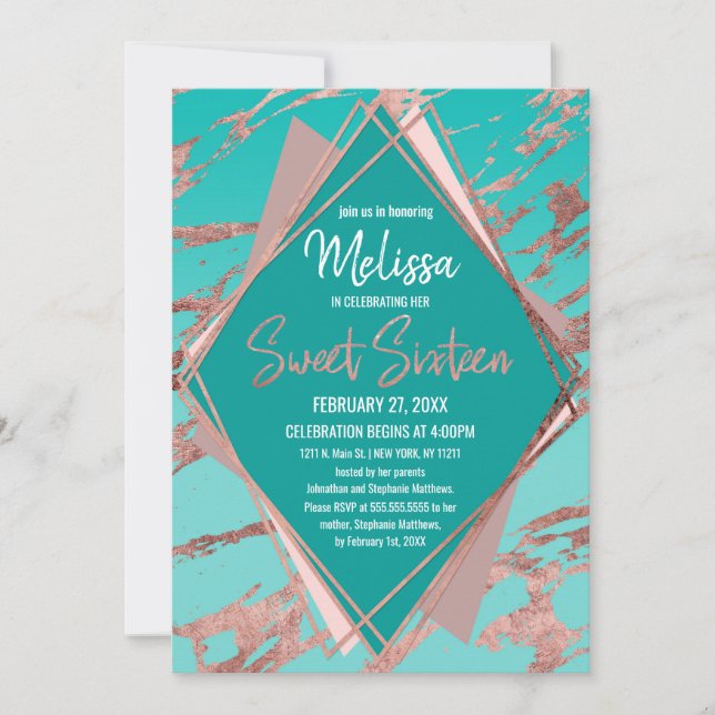 Rose Gold Teal Green Marble Diamond Sweet 16 Invitation (Front)