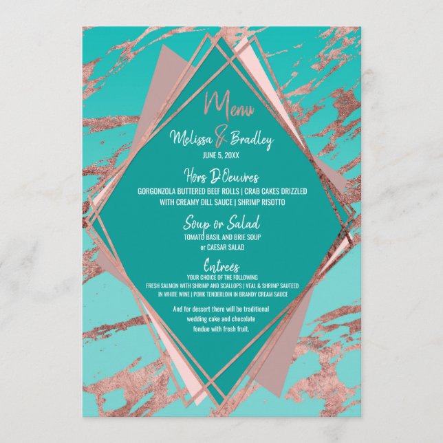 Rose Gold Teal Green Marble Diamond Wedding Menu (Front)