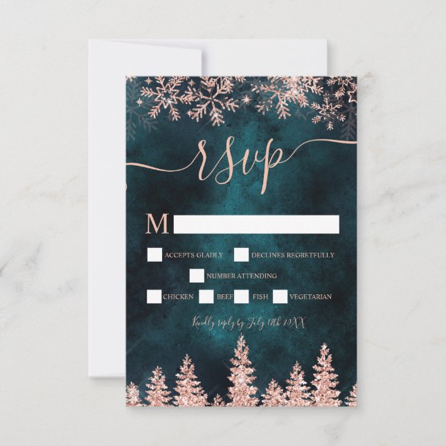 Rose gold teal pine navy Christmas winter rsvp (Front)