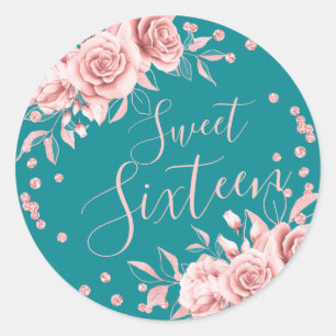 Rose Gold Teal Sweet 16 Birthday Floral Glitter Classic Round Sticker