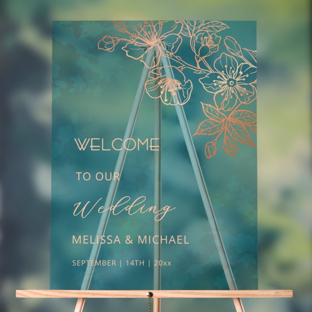 Rose Gold Teal Transparent Wedding Acrylic Sign (Neutral)