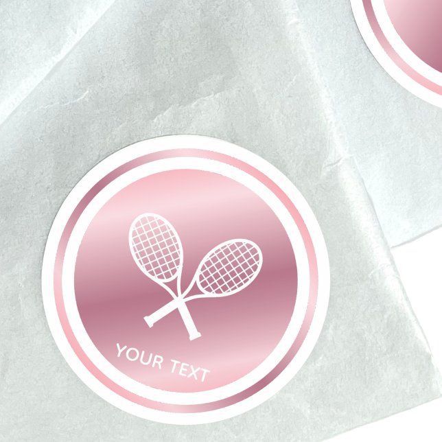 Rose Gold Tennis Rackets Girls Sport Custom Text Classic Round Sticker (Creator Uploaded)
