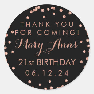 Rose Gold Thank You 21st Birthday Confetti Black Classic Round Sticker