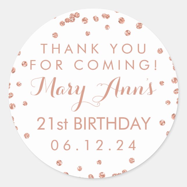 Rose Gold Thank You 21st Birthday Confetti Classic Round Sticker (Front)