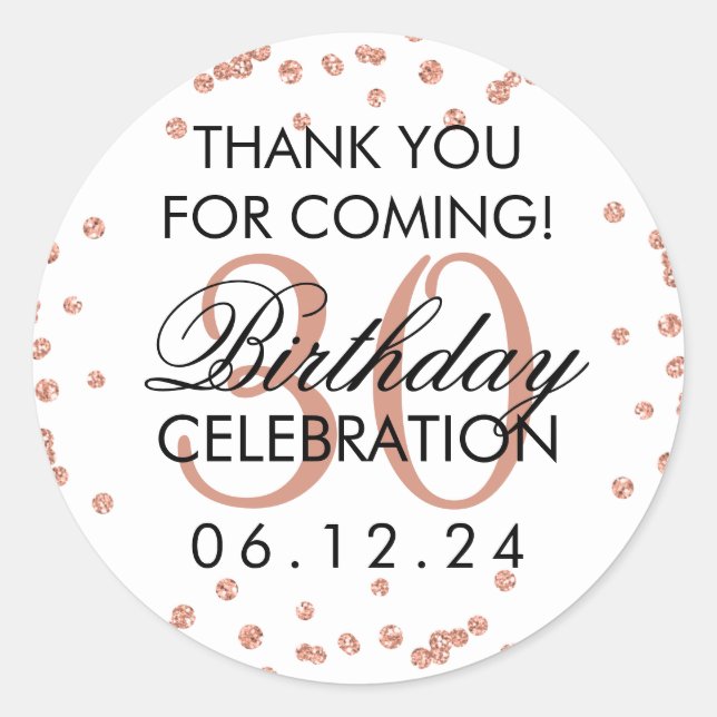Rose Gold Thank You 30th Birthday Glitter Confetti Classic Round Sticker (Front)