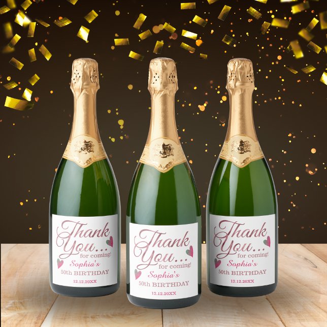 Rose Gold Thank You 50th Birthday Party Favours Sparkling Wine Label (Creator Uploaded)