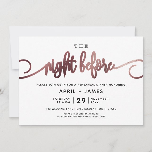Rose Gold The Night Before Rehearsal Dinner Invitation (Front)