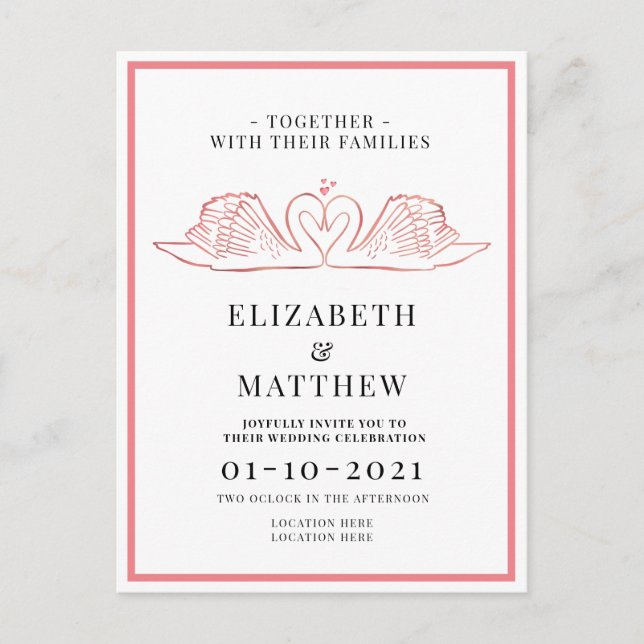 Rose Gold Themed with Swans Wedding Invitation Postcard (Front)